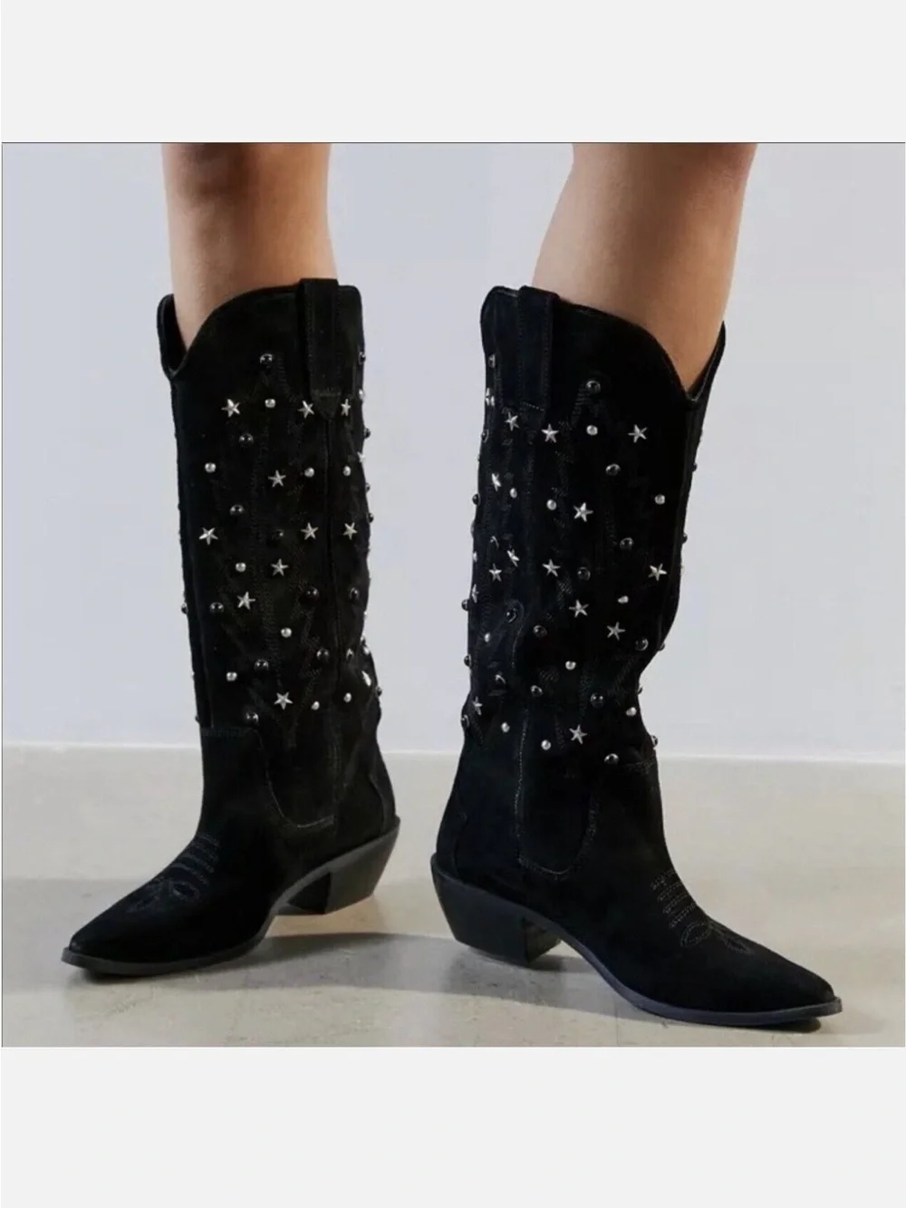 Black Studded Knee-High Women's cowboy cowgirl Boots